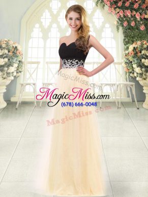 High Class Champagne Empire Tulle Sweetheart Sleeveless Appliques Floor Length Zipper Prom Gown
