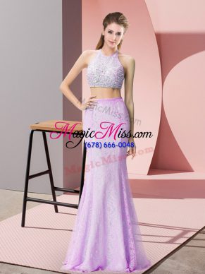 Free and Easy Floor Length Lilac Evening Dress Lace Sleeveless Beading and Lace