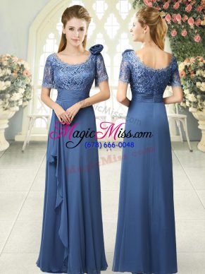 Chic Blue Zipper Prom Dress Beading and Ruching Short Sleeves Floor Length