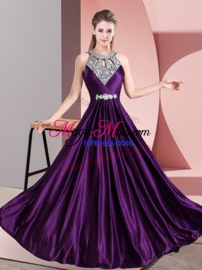 Floor Length Zipper Homecoming Dress Purple for Prom and Party with Beading