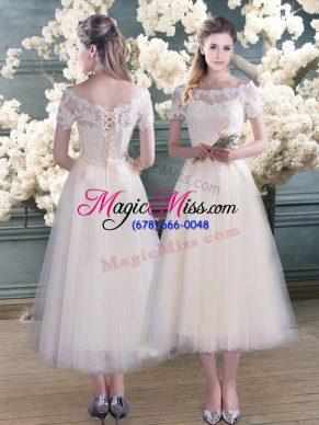 White Scalloped Neckline Lace Prom Party Dress Short Sleeves Lace Up