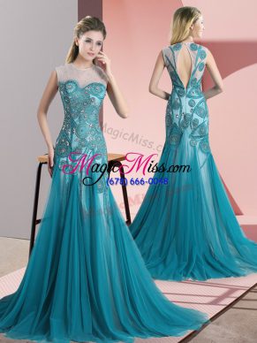 Smart Teal Tulle Backless Scoop Sleeveless Prom Dress Sweep Train Beading and Appliques