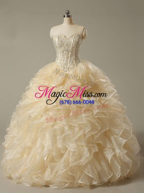 Sweetheart Sleeveless Ball Gown Prom Dress Floor Length Beading and Ruffles Champagne Organza