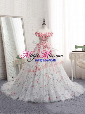 Off The Shoulder Sleeveless Tulle Sweet 16 Dresses Appliques Brush Train Lace Up