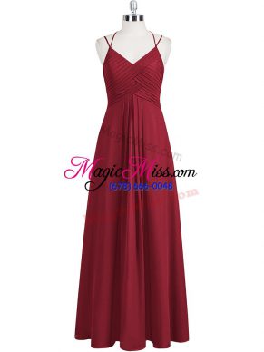 Trendy Wine Red Empire Ruching Juniors Evening Dress Zipper Chiffon Sleeveless Floor Length