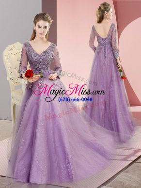 Stylish Long Sleeves Beading and Appliques Lace Up Evening Dress with Lavender Sweep Train