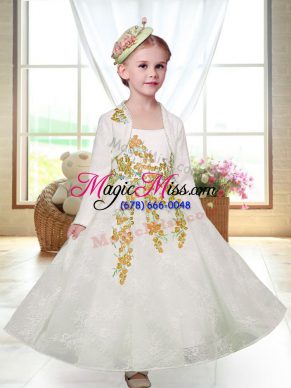 Suitable White Sleeveless Ankle Length Embroidery Zipper Flower Girl Dress