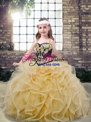 Custom Fit Champagne Lace Up High School Pageant Dress Embroidery and Ruffles Sleeveless Floor Length