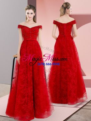 Sumptuous Red Organza Lace Up Prom Gown Sleeveless Sweep Train Beading and Lace