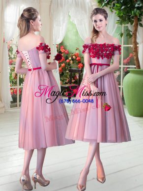 Appliques Prom Evening Gown Pink Lace Up Sleeveless Tea Length
