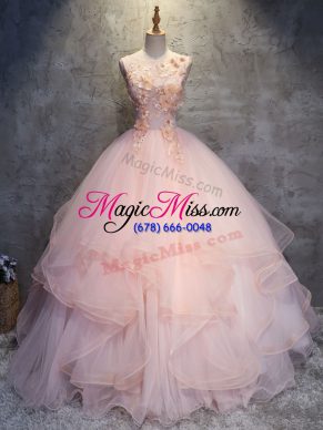 Custom Designed Floor Length Lace Up Quinceanera Dress Pink for Military Ball and Sweet 16 and Quinceanera with Appliques and Ruffles