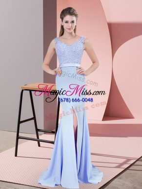 Classical Baby Blue Sleeveless Brush Train Beading and Lace Prom Dresses