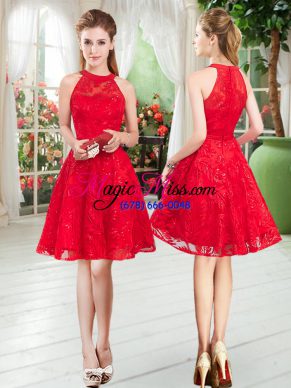Captivating Red Zipper Prom Party Dress Sleeveless Knee Length Lace