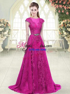 Fuchsia Cap Sleeves Tulle Sweep Train Zipper Prom Gown for Prom and Party