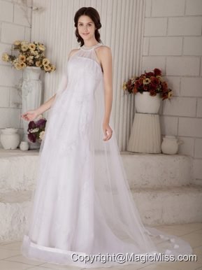 Perfect Column High-neck Brush Train Organza Beading Wedding Dress