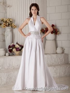 Gorgeous A-line / Princess V-neck Court Train Taffeta Beading Wedding Dress
