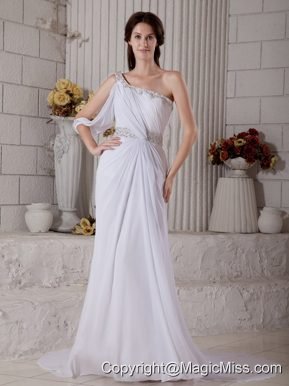 Elegant Column One Shoulder Court Train Chiffon Beading Wedding Dress