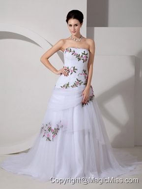 Pretty A-line Strapless Court Train Tulle Appliques and Ruch Wedding Dress