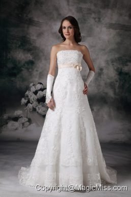 Perfect A-line Strapless Court Train Lace Bowknot Wedding Dress
