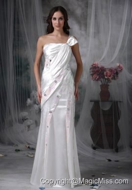 Pretty Column One Shoulder Floor-lengthTaffeta Beading and Ruch Wedding Dress