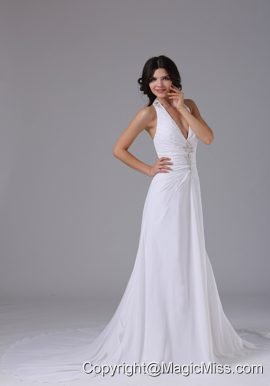 Halter Wedding Dress With Ruched Bodice Beading In Brentwood California Chapel Train