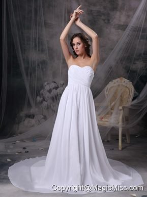 White Empire Sweetheart Court Train Chiffon Ruch Wedding Dress