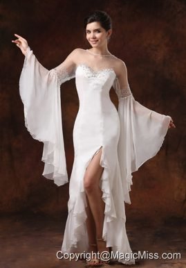 Bateau High Slit Long Sleeves and Beaded For 2013 Wedding Dress