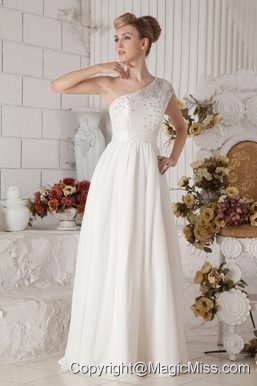 White Empire One Shoulder Floor-length Chiffon Beading Prom Dress