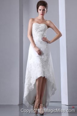 Sexy Column Strapless High-low Elastic Wove Satin and Lace Wedding Dress