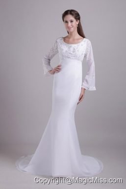 White Trumpet/Mremaid Scoop Brush Train Chiffon and Satin Embroidery Wedding Dress