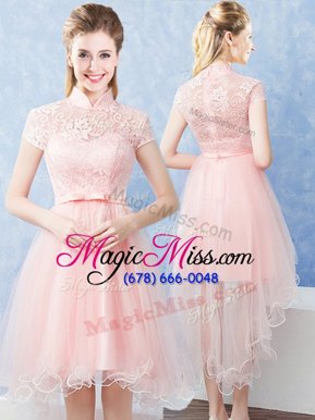 Short Sleeves Tulle High Low Zipper Bridesmaid Dress in Baby Pink for with Lace and Belt