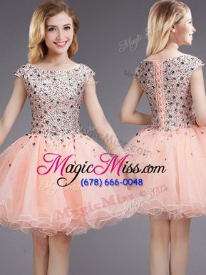 Colorful Cap Sleeves Organza Mini Length Lace Up Quinceanera Dama Dress in Pink for with Beading and Sequins