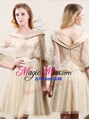 Smart Mini Length Zipper Bridesmaid Dresses Champagne and In for Prom and Party and Wedding Party with Lace
