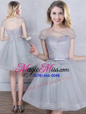 High Quality Scoop Short Sleeves Mini Length Appliques and Belt Lace Up Quinceanera Court of Honor Dress with Grey