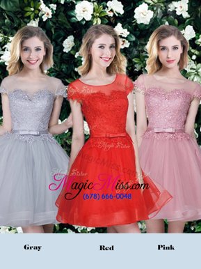 Free and Easy Scoop Tulle Short Sleeves Mini Length Vestidos de Damas and Appliques and Belt