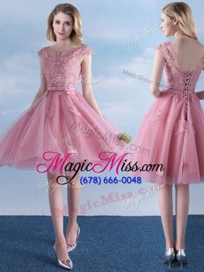 Unique Pink Lace Up Scoop Appliques and Belt Damas Dress Tulle Cap Sleeves