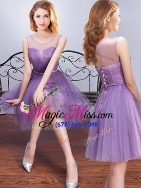 Ideal Scoop Sleeveless Tulle Mini Length Lace Up Dama Dress for Quinceanera in Lavender for with Beading and Ruching and Belt