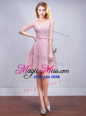 Edgy Pink V-neck Lace Up Ruching and Bowknot Wedding Guest Dresses Half Sleeves