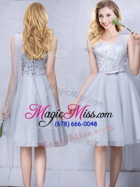 Best Selling Grey Quinceanera Court of Honor Dress Prom and Party and Wedding Party and For with Lace and Appliques and Belt One Shoulder Sleeveless Lace Up