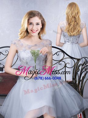 Custom Designed Knee Length Grey Bridesmaid Gown Scoop Cap Sleeves Lace Up