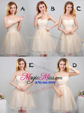 Perfect Off the Shoulder Sleeveless Mini Length Lace and Appliques and Belt Lace Up Wedding Party Dress with Champagne