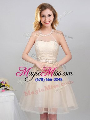 Fitting Halter Top Mini Length Champagne Bridesmaids Dress Tulle Sleeveless Lace and Appliques and Belt
