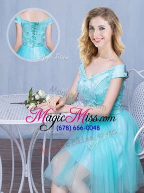 Excellent Off the Shoulder Tulle Cap Sleeves Knee Length Quinceanera Court Dresses and Lace and Appliques and Bowknot
