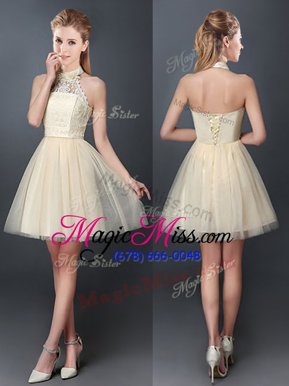 Fancy Halter Top Champagne Sleeveless Lace and Appliques Mini Length Wedding Guest Dresses