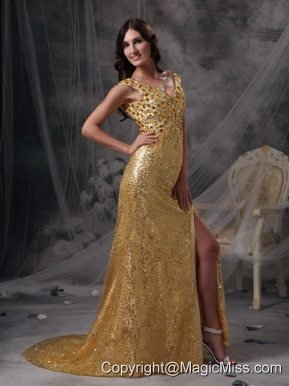 Gold Empire V-neck Floor-length Sequin Beading and Ruch Prom / Celebrity Dress