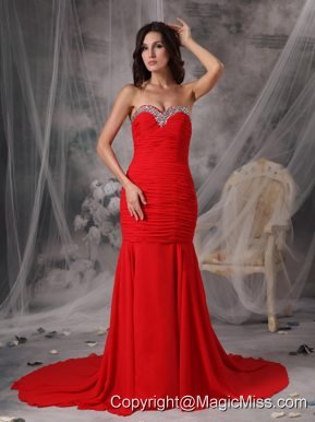 Red Mermaid /Trumpet Sweetheart Court Train Chiffon Beading Prom Dress