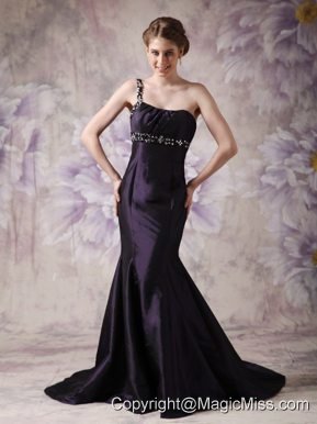 Dark Purple Mermaid One Shoulder Brush Train Taffeta Beading Prom / Evening Dress