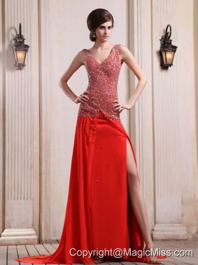Red Prom / Evening Dress With Beaded Decorate Up Bodice High Slit Court Train Chiffon V-neck
