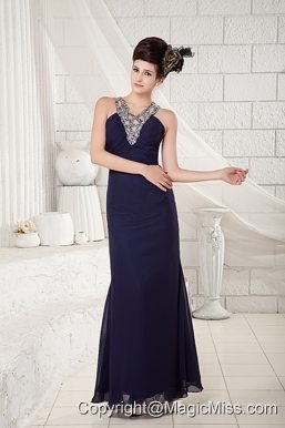 Navy Blue Column V-neck Ankle-length Chiffon Beading Prom Dress