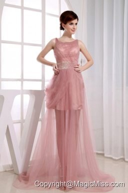 Beaded Decorate Waist Scoop Court Train Pink Tulle A-Line Prom Dress